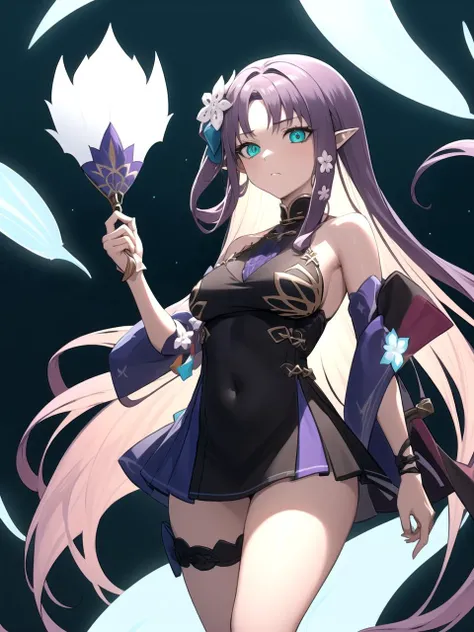 masterpiece, best quality, 1girl, solo, dsamid, purple hair, long hair, aqua eyes, pointy ears, hair ornament, hair flower, short dress, bare shoulders, thigh strap, surreal dreamscape, shifting landscapes, magic, holding fan, hand fan, glowing eyes
<lyco:dsamid_lc_768:1>