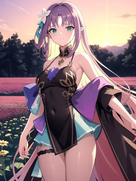 masterpiece, best quality, 1girl, solo, dsamid, purple hair, long hair, aqua eyes, pointy ears, hair ornament, hair flower, short dress, bare shoulders, thigh strap, standing, outdoors, flower field, sunset, detailed sky, detailed background, cowboy shot
<lyco:dsamid_lc:1>