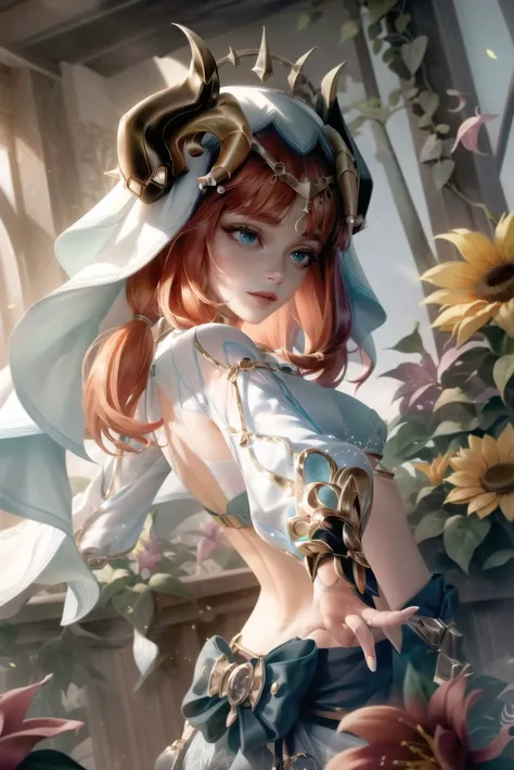 dutch angle, (masterpiece, best quality, extremely detailed CG, beautiful detailed eyes, ultra-detailed, intricate details:1.2), 8k wallpaper, elaborate features,
upper body
1girl,
beautiful, elegant,
<lora:nilouGenshinImpact_v10:1.1:MIDD> nilou (neither flower nor mist) (genshin impact), aqua eyes, fake horns, red hair, long hair, crop top, jewelry, horns, veil, bracer, brooch, long sleeves, puffy long sleeves, skirt, bangs, twintails, puffy sleeves, neck ring, gold trim, parted bangs, circlet, blue skirt, hair ornament, detached sleeves, low twintails, floating hair, gem, blue gemstone, dancer, white headwear, midriff, very long hair,
around the garden, flowers, butterflies, sunlight, sunflowers, lilies, roses, nature, petals, lens flare,
blurry background, bokeh, blurry, bloom,
bloom, bokeh, caustics, chiaroscuro, chromatic aberration, diffraction spikes, depth of field, drop shadow, foreshortening, gradient, lens flare, light particles, particles <lora:add_detail:0.2> <lora:animeStyleLoraWith_bfcsimplifierTest:-0.2> <lora:lolsplashart-lora:1>