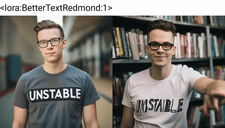 A nerd with a t-shirt write "UNSTABLE" on it, "UNSTABLE" <lora:BetterTextRedmond:1>