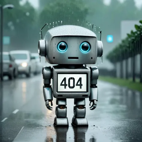 forlorn robot in the rain, screen displaying the text "404", <lora:BetterTextRedmond:1>