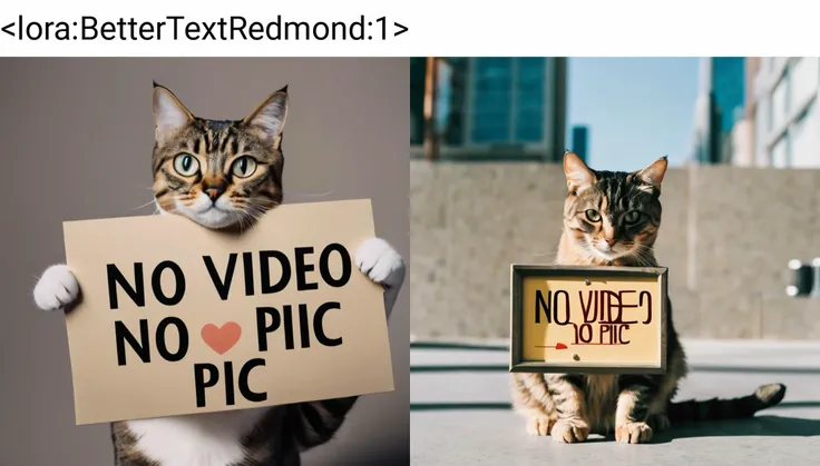 A cat holding a sign that says "NO VIDEO NO PIC" on it, "NO VIDEO NO PIC", <lora:BetterTextRedmond:1>