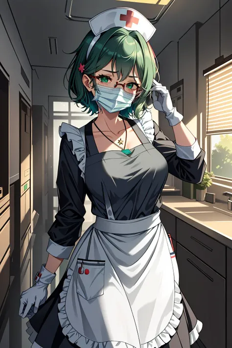 ((masterpiece, best quality, high quality)),1girl, (hospital), <lora:infirmary_v0.1:0.5> infirmary,  <lora:Tomomi Kii:0.6> (1girl, 3dcg 08, aqua hair, bangle, collarbone, glasses, green eyes, hairband, medium breasts, necklace, semi-rimless eyewear, short hair, sidelocks, solo, tomomi kii, under-rim eyewear), <lora:0- CL - Long Apron Nurse Frilled v2:0.6> (nurse_long_apron, apron, mask, nurse cap, surgical mask, nurse, long sleeves, latex gloves),