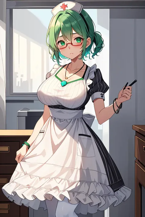 ((masterpiece, best quality, high quality)),1girl, (hospital), <lora:infirmary_v0.1:0.5> infirmary, <lora:Tomomi Kii:0.7> (1girl, 3dcg 08, aqua hair, bangle, collarbone, glasses, green eyes, hairband, medium breasts, necklace, semi-rimless eyewear, short hair, sidelocks, solo, tomomi kii, under-rim eyewear), <lora:0- CL - Classic Nurse Old V2:0.8> (nurse_old_style_01, apron, nurse cap, short sleeves, striped dress, puffy sleeves, vertical stripes, nurse, white apron, puffy short sleeves, pantyhose),