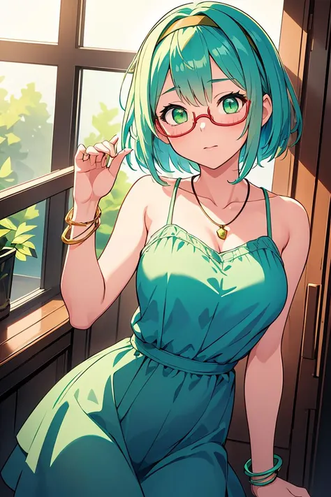 (masterpiece, best quality), 1girl, <lora:Tomomi Kii:1> 1girl, 3dcg 08, solo, tomomi kii, aqua hair, bangle, collarbone, glasses, green eyes, hairband, medium breasts, necklace, semi-rimless eyewear, short hair, sidelocks, under-rim eyewear