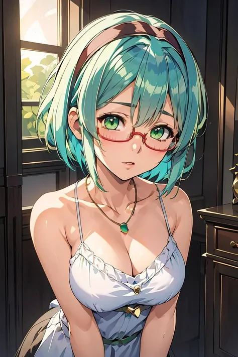 (masterpiece, best quality), 1girl, <lora:Tomomi Kii:1> 1girl, 3dcg 08, solo, tomomi kii, aqua hair, bangle, collarbone, glasses, green eyes, hairband, medium breasts, necklace, semi-rimless eyewear, short hair, sidelocks, under-rim eyewear