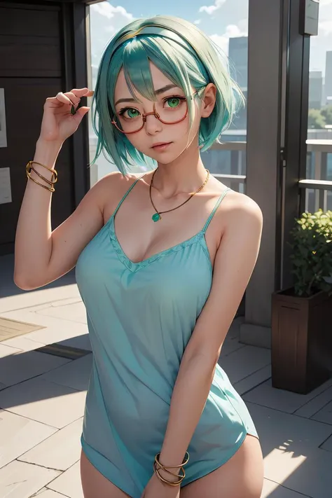 (masterpiece, best quality), 1girl,   <lora:Tomomi Kii:1> 1girl, 3dcg 08, solo, tomomi kii, aqua hair, bangle, collarbone, glasses, green eyes, hairband, medium breasts, necklace, semi-rimless eyewear, short hair, sidelocks, under-rim eyewear