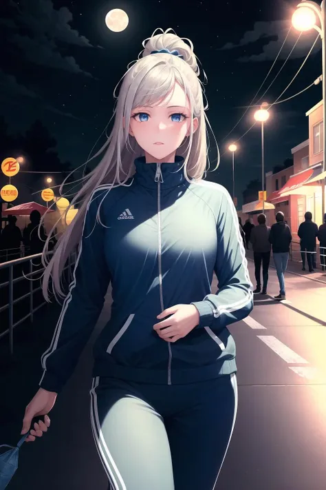 Highly detailed, High Quality, Masterpiece, beautiful, 1girl, solo, <lora:JannaDefault-09:1>, street, lamppost, night, night sky, cloud, cloudy sky, moon, track suit,