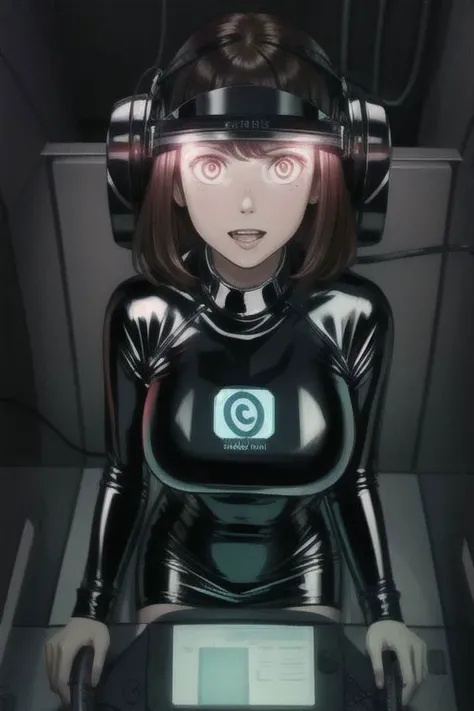 professional detailed photo of (latex office woman) being (brainwashed by mind control forehead chip), (latex office dress with pencil skirt:1), Mind Control spiralwash eyes Eyes, Brainwashed facial expression, creepy empty smile, (Brainwashing)+++, (Mind Control)+++, (Mind control chop),