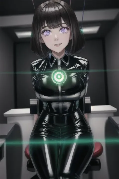 professional detailed photo of (latex office woman) being (brainwashed by mind control glowing head chip), (latex office dress with pencil skirt:1), Mind Control spiralwash eyes Eyes, Brainwashed facial expression, creepy empty smile, (Brainwashing)+++, (Mind Control)+++, (Mind control chip),