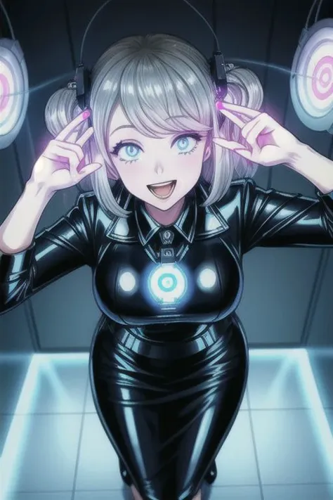 (Dark Persona), professional detailed (full length) photo of (latex office woman) being (brainwashed by Mind control device), (white office blouse with covered nipples and latex pencil skirt:1), (expressionless, open mouth, drooling), (Brainwashing), (Mind Control), (Mind control device),