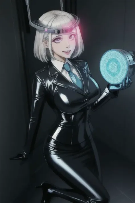 professional detailed photo of (latex office woman) being (brainwashed by mind control glowing head chip), (latex white office blouse and pencil skirt:1), (office high heels:1), Mind Control spiralwash eyes Eyes, Brainwashed facial expression, creepy crazy smile, (Brainwashing)+++, (Mind Control)+++, (Mind control chip),