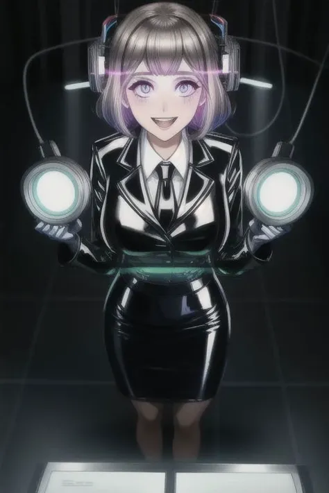 professional detailed photo of (latex office woman) being (brainwashed by mind control glowing head chip), (latex white office blouse and pencil skirt:1), (office high heels:1), Mind Control spiralwash eyes Eyes, Brainwashed facial expression, creepy crazy smile, (Brainwashing)+++, (Mind Control)+++, (Mind control chip),