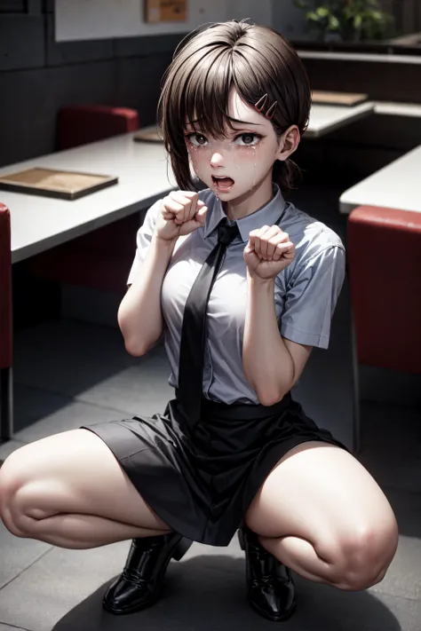 masterpiece,high quality,best quality,4k,super detailed,4k,focus sharp,1girl,(kobeni),short hair,white shirt,black necktie,front view,full body,scared expression,scared face,(tears:1.2),(eager pet pose),crouched,restaurant background,good face,(good hand),good finger,looking at viewer, <lora:eager_pet_pose_v1:1.2>, <lora:Character_Kobeni:1>, <lora:add_detail:0.8>