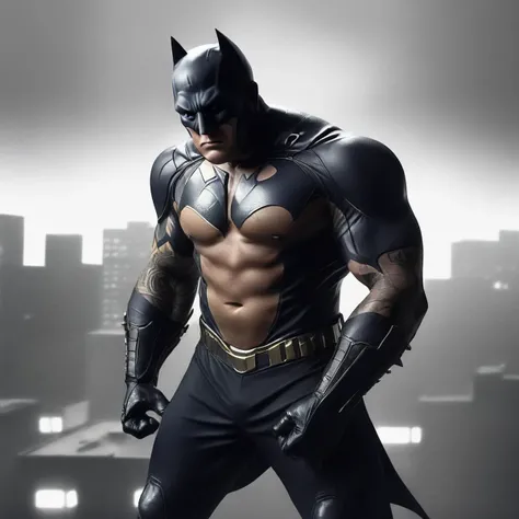 A photorealistic image of a highly muscular Batman standing in a dramatic pose in the dimly lit streets of Gotham City. Batman should have exaggerated muscles, showcasing his peak physical condition. His costume should be detailed, with the iconic bat symbol, utility belt, and cape. His facial expression should be stern and focused, embodying the essence of the Dark Knight. The background should feature elements of Gotham City, such as skyscrapers, the Bat-Signal in the sky, and perhaps a glimpse of the Batmobile parked nearby. The lighting should highlight Batman's muscular physique, casting shadows that add depth and drama to the scene ,<lora:gan2_video:0.85> ganjo