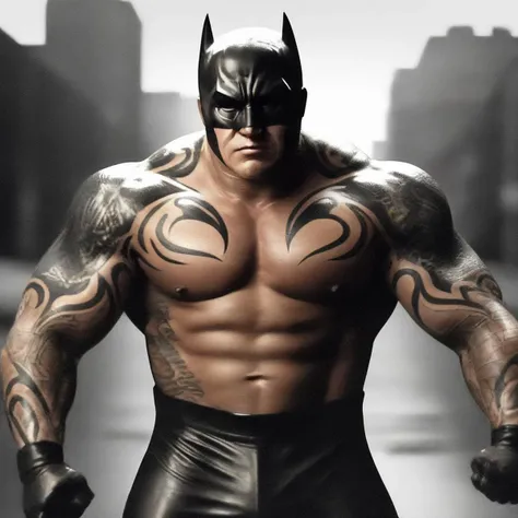 A photorealistic image of a highly muscular Batman standing in a dramatic pose in the dimly lit streets of Gotham City. Batman should have exaggerated muscles, showcasing his peak physical condition. His costume should be detailed, with the iconic bat symbol, utility belt, and cape. His facial expression should be stern and focused, embodying the essence of the Dark Knight. The background should feature elements of Gotham City, such as skyscrapers, the Bat-Signal in the sky, and perhaps a glimpse of the Batmobile parked nearby. The lighting should highlight Batman's muscular physique, casting shadows that add depth and drama to the scene ,<lora:gan2_video:0.85> ganjo