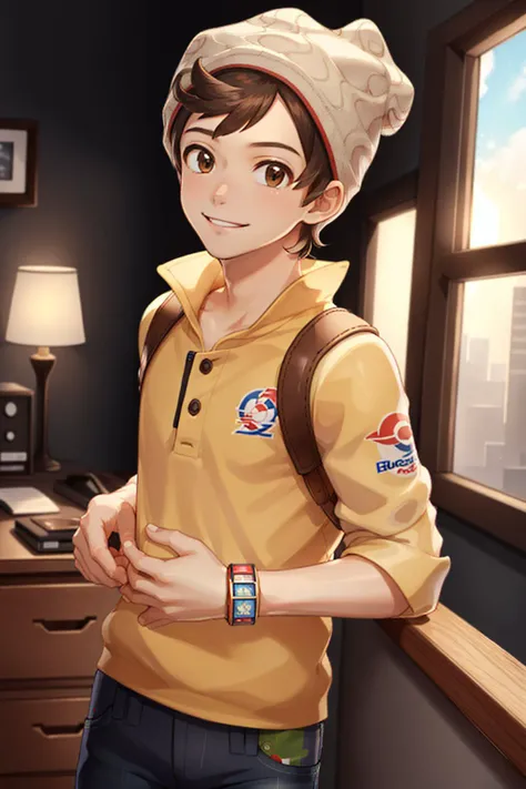 (masterpiece, best quality:1.2), <lyco:pokemon_victor-11:1.0>, cowboy shot, solo, male focus, 1boy, pokemonvictor, smile, looking at viewer, beanie, shirt, sleeves rolled up, pants