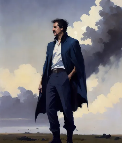 (standing:1.5) , (art by Greg Rutkowski:1.3) , Simple baris_manco, perched on a cloud, ultrafine detailed, Flat Art, Low shutter, Indigo dust particles, pixiv, <lora:baris_manco:0.9>