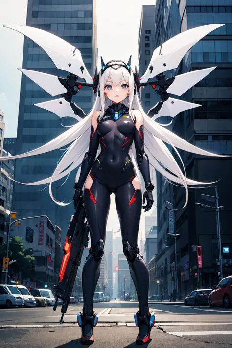 masterpiece, 1girl, solo, full body, long white hair, mecha musume, mechanical arms, headgear, , mechanical wings, ruined city background