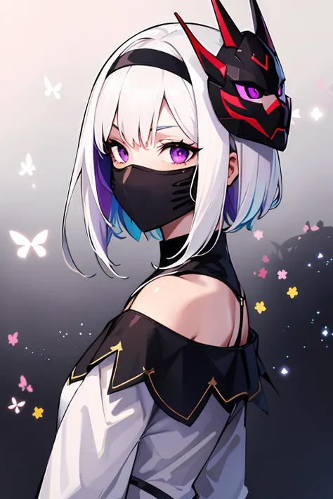 1girl, white hair, multicolored hair, purple eyes, mask on head, sidelighting, light particles, wallpaper,