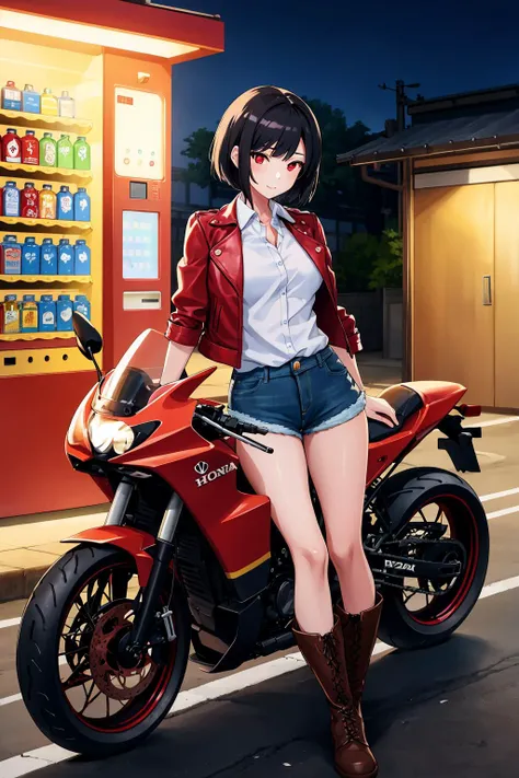 1girl, black hair, short hair, red eyes, white collared shirt, red leather jacket, denim shorts, high boots, in a solitary street on a japanese vecindary with a drink vending machine, motorcycle aside, Honda NSF100, beautiful, sexy, (best quality, masterpiece), extremely detailed, trending in Pixiv,