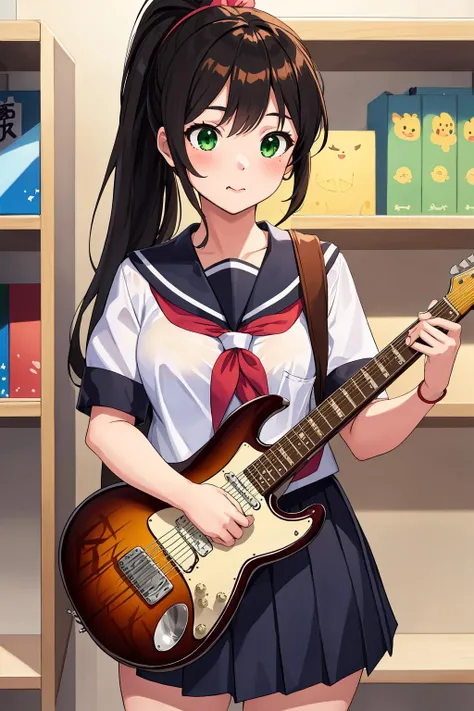 1girl, black hair, long hair, ponytail, green eyes, school uniform, serafuku, playing electric guitar, cute, kawaii, beautiful, sexy, school, music club, instrument's cases on shelves, (best quality, masterpiece), extremely detailed, trending in Pixiv,