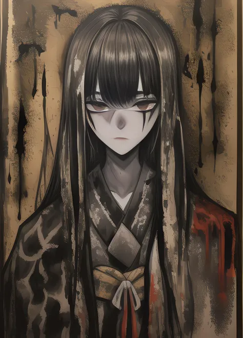 ASCIImethurlant, (a group of soldiers:1.2) is lost inside the entrails of a mountain-sized decrepit cathedral ,1 japanese girl, upper body, kimono, abstract, negative space ( ink painting by Norman Lewis ) Best quality, masterpiece,, artwork, highly detailed, city, <lora:add_detail:1>