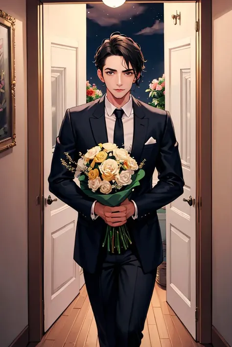 UHD, 8k, ultra detailed, a cinematic photo of an attractive man standing in a doorway holding a bouquet of flowers, night