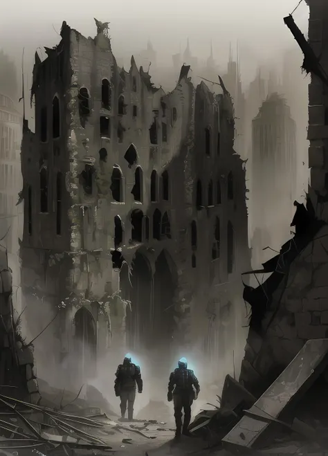 ASCIImethurlant, (a group of soldiers:1.2) is lost inside the entrails of a mountain-sized decrepit cathedral in a post-apocalyptic world, (lost inside city ruins:1.3), cliffs and canyons made of buildings, claustrophobia, intricate, adventure, sky is blocked by tallbuildings, surreal, gritty, atmospheric, cinematic, stylized, contrast, comic, eerie, cybernetic, futuristic, illustration, artwork, highly detailed, city, <lora:add_detail:1>