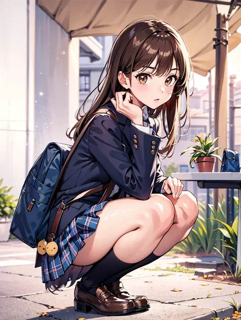 1girl, bag, bangs, black_legwear, blazer, blue_legwear, blurry, blurry_background, bokeh, brown_eyes, brown_hair, depth_of_field, full_body, jacket, kneehighs, lens_flare, loafers, long_hair, long_sleeves, looking_at_viewer, outdoors, plaid, plaid_skirt, pleated_skirt, school_bag, school_uniform, shoes, shoulder_bag, skirt, solo, squatting, sun, sunset