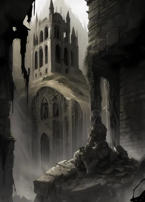 ASCIImethurlant, (a group of soldiers:1.2) is lost inside the entrails of a mountain-sized decrepit cathedral in a post-apocalyptic world, (lost inside city ruins:1.3), cliffs and canyons made of buildings, claustrophobia, intricate, adventure, sky is blocked by tallbuildings, surreal, gritty, atmospheric, cinematic, stylized, contrast, comic, eerie, cybernetic, futuristic, illustration, artwork, highly detailed, city, <lora:add_detail:1>