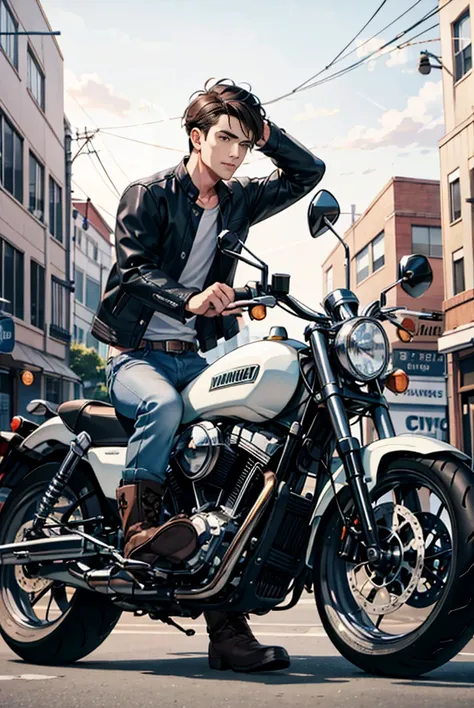 man, wearing jacket, wearing jeans, wearing leather boots, riding a motorcycle, background is city street