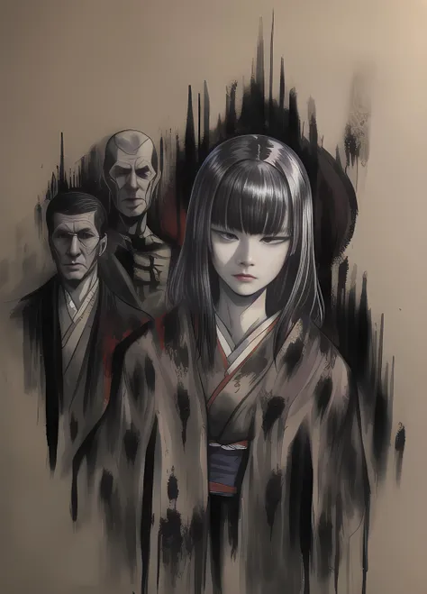 ASCIImethurlant, (a group of soldiers:1.2) is lost inside the entrails of a mountain-sized decrepit cathedral ,1 japanese girl, upper body, kimono, abstract, negative space ( ink painting by Norman Lewis ) Best quality, masterpiece,, artwork, highly detailed, city, <lora:add_detail:1>