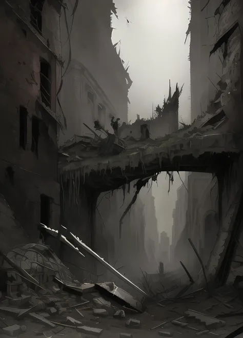 ASCIImethurlant, (a group of soldiers:1.2) is lost inside the entrails of a mountain-sized decrepit cathedral in a post-apocalyptic world, (lost inside city ruins:1.3), cliffs and canyons made of buildings, claustrophobia, intricate, adventure, sky is blocked by tallbuildings, surreal, gritty, atmospheric, cinematic, stylized, contrast, comic, eerie, cybernetic, futuristic, illustration, artwork, highly detailed, city, <lora:add_detail:1>