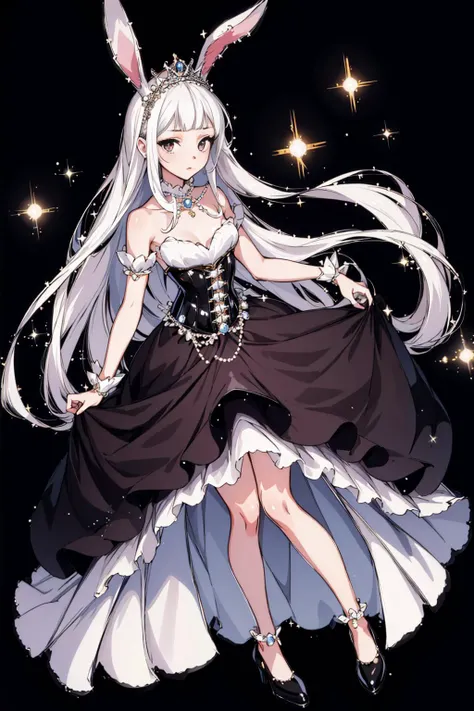 mastterpiece, best quality, 1girl, full body, bare shoulders, rabbit ears, cute, style-princess, black dress, very long hair, white hair,