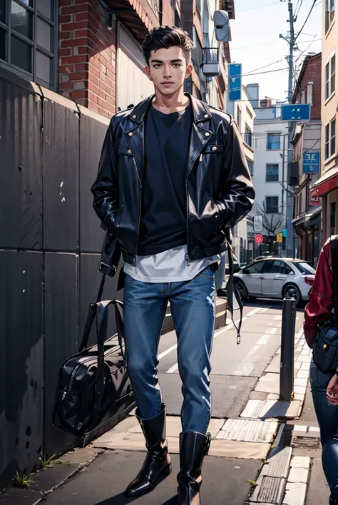 man, standing, wearing jacket, wearing jeans, wearing leather boots,