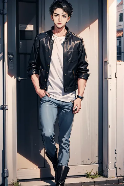 man, standing, wearing jacket, wearing jeans, wearing leather boots,