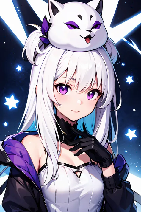 1girl, white hair, multicolored hair, purple eyes, mask on head, sidelighting, light particles, wallpaper,