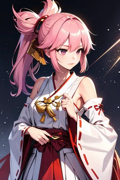 realistic, 1girl, pink hair, purple eyes, miko, nontraditional miko, light particles, light rays, wallpaper,
