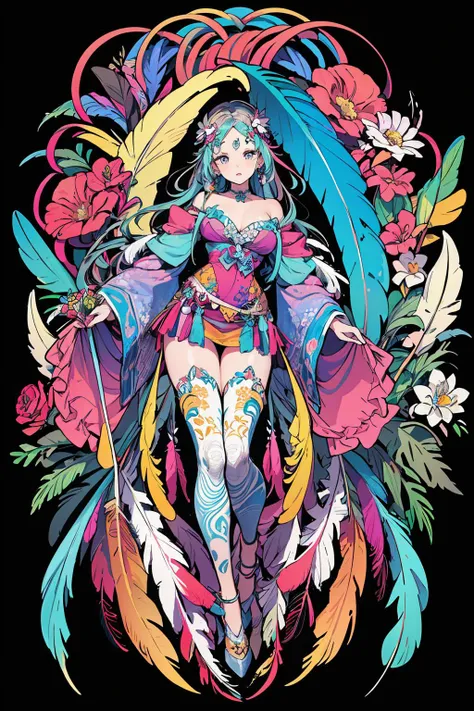 (masterpiece, top quality, best quality, official art, beautiful and aesthetic:1.2), (1girl:1.3), extremely detailed,(fractal art:1.1),(colorful:1.1)(flowers:1.3),highest detailed,(zentangle:1.2), full body, (abstract background:1.3), (shiny skin), (many colors:1.4), ,(earrings), (feathers:1.5),