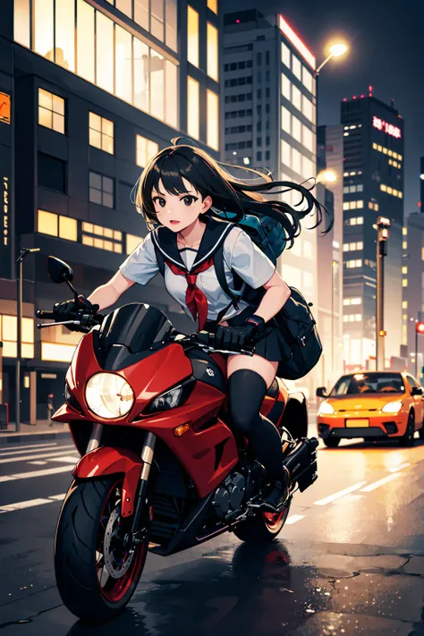 masterpiece, best quality, 1girl, solo, jacket, school uniform, serafuku, thighhighs, wearing gloves, wearing backpack, black hair, black eyes, cyberpunk, street, machinery, motor vehicle, motorcycle, panorama, wearing helmet, speed line, depth of field, motion blur, perspective, panorama, riding, floating hair, night, neon trim, hand on hand grip,