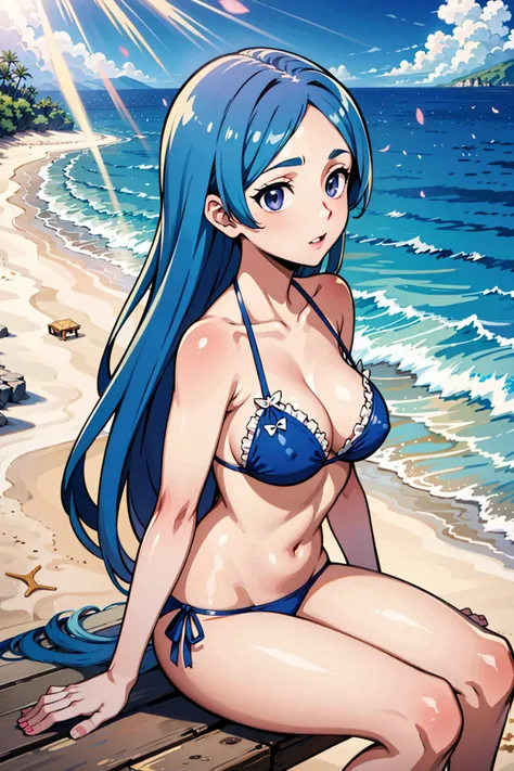 1girl, blue hair, blue eyes, purple eyes, bikini, beach, light particles, light rays, wallpaper, REM re:zero kara hajimeru isekai seikatsu,