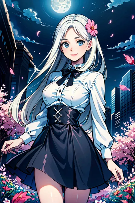 masterpiece, best quality,
1girl, (colorful),(finely detailed beautiful eyes and detailed face),cinematic lighting,bust shot,extremely detailed CG unity 8k wallpaper,white hair,solo,smile,intricate skirt,((flying petal)),(Flowery meadow)
sky, cloudy_sky, building, moonlight, moon, night, (dark theme:1.3), light, fantasy,