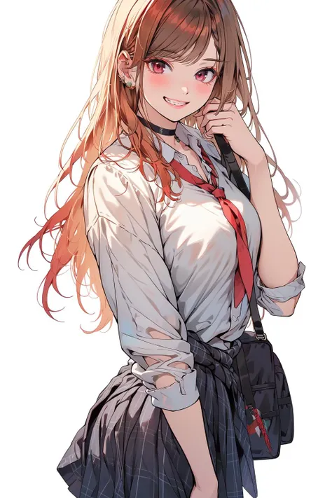 <lora:gakuen_anime:1>1girl, solo, long_hair, breasts, looking_at_viewer, blush, smile, bangs, skirt, blonde_hair, simple_background, shirt, red_eyes, white_background, jewelry, school_uniform, white_shirt, red_hair, cowboy_shot, pleated_skirt, earrings, multicolored_hair, necktie, choker, collared_shirt, hand_up, bag, grin, plaid, gradient_hair, plaid_skirt, black_choker, piercing, red_necktie, ear_piercing, sleeves_rolled_up, school_bag, clothes_around_waist, gyaru, sweater_around_waist, barbell_piercing