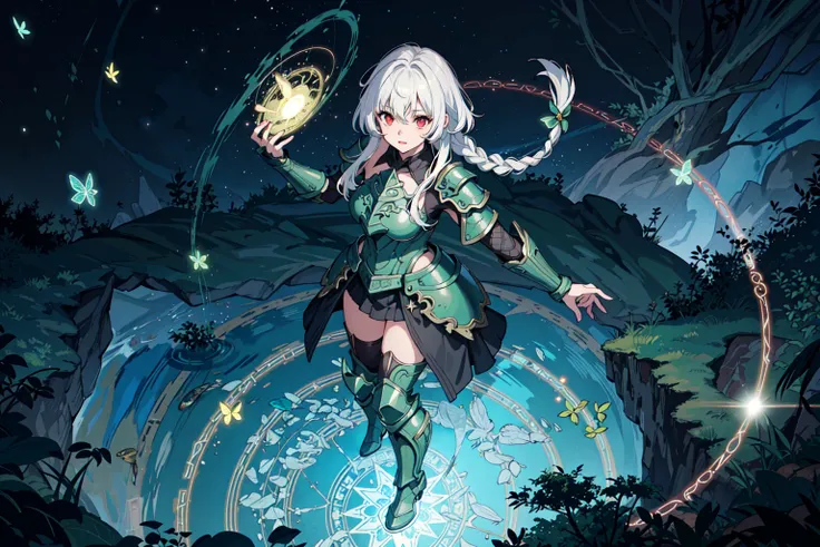 1girl, full body, green mossy armor, ornate mossy armor, overgrown, mossy armor, green accent, braid, white hair, red eyes, pose, atmospheric, light flares, intricate details, enhanced lighting, jungle scenery, waterfalls, night sky, fireflies, sparkles, (fisheye lens:1.2), glowing butterflies, (magic circle:1.25), from above