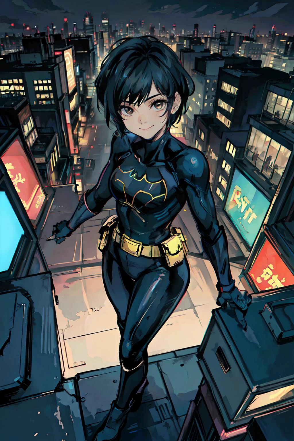 (masterpiece, best quality),1girl, solo, cassandra cain, batgirl suit, black hair, brown eyes, smile,
akihabara city, of the dead, night, <lora:CassandraCain-01:0.75>, from above, STANDING rooftop, neon sign, game center,