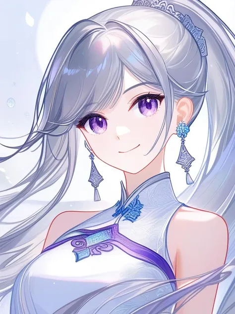 <lora:dan:1>,masterpiece, solo, close up, [sho lwlw], 1girl, upper body, looking at viewer, smile, closed mouth, purple eyes, long hair, grey hair, ponytail, breasts, white dress, earrings