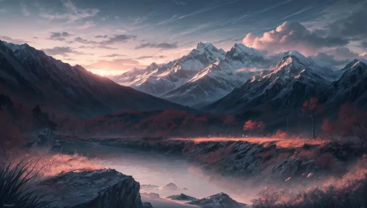 ((masterpiece:1.4,best quality)), cloud, outdoors
(mountains), spring glade, scenery, sky, winter,
(early morning:1.4),morning red, high detail, abundant, 8k, high detail, wallpaper,
<lora:more_details:1.5>, <lora:JW_v2:0.6>