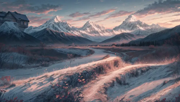 ((masterpiece:1.4,best quality)), cloud, outdoors
(mountains), spring glade, scenery, sky, winter,
(early morning:1.4),morning red, high detail, abundant, 8k, high detail, wallpaper,
<lora:more_details:1.5>, <lora:JW_v2:0.6>