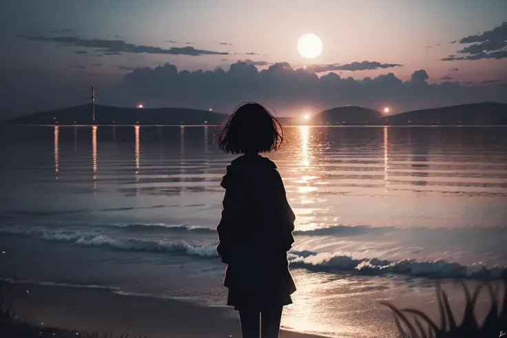 1girl,silhouette, moon, night, scenery, outdoors, solo, sky, horizon, bird, full moon, star (sky), grass, night sky, ocean, starry sky, standing, dark, water, power lines <lora:JW-000005:1>